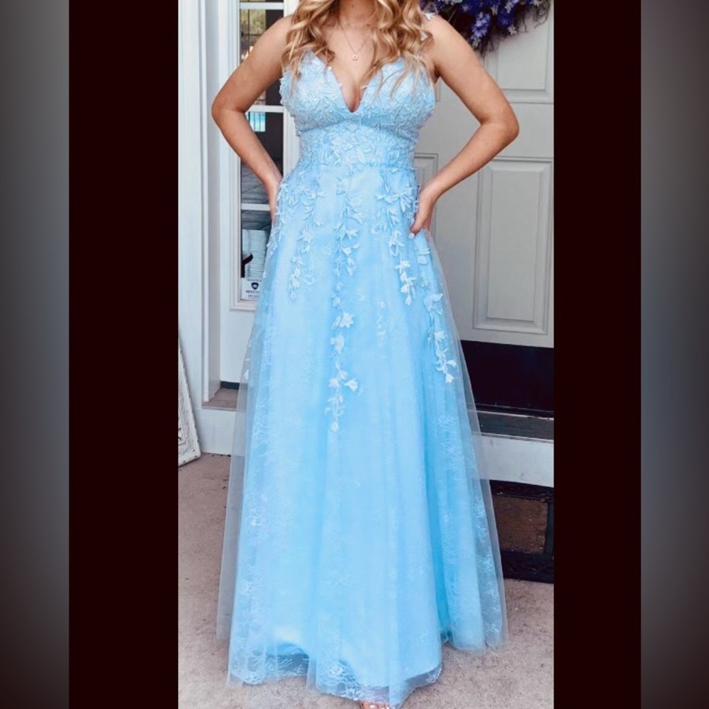 Floral Pastel Blue Appliqué A-Line Princess Tulle V Neck Size 4 - Picture 2 of 8